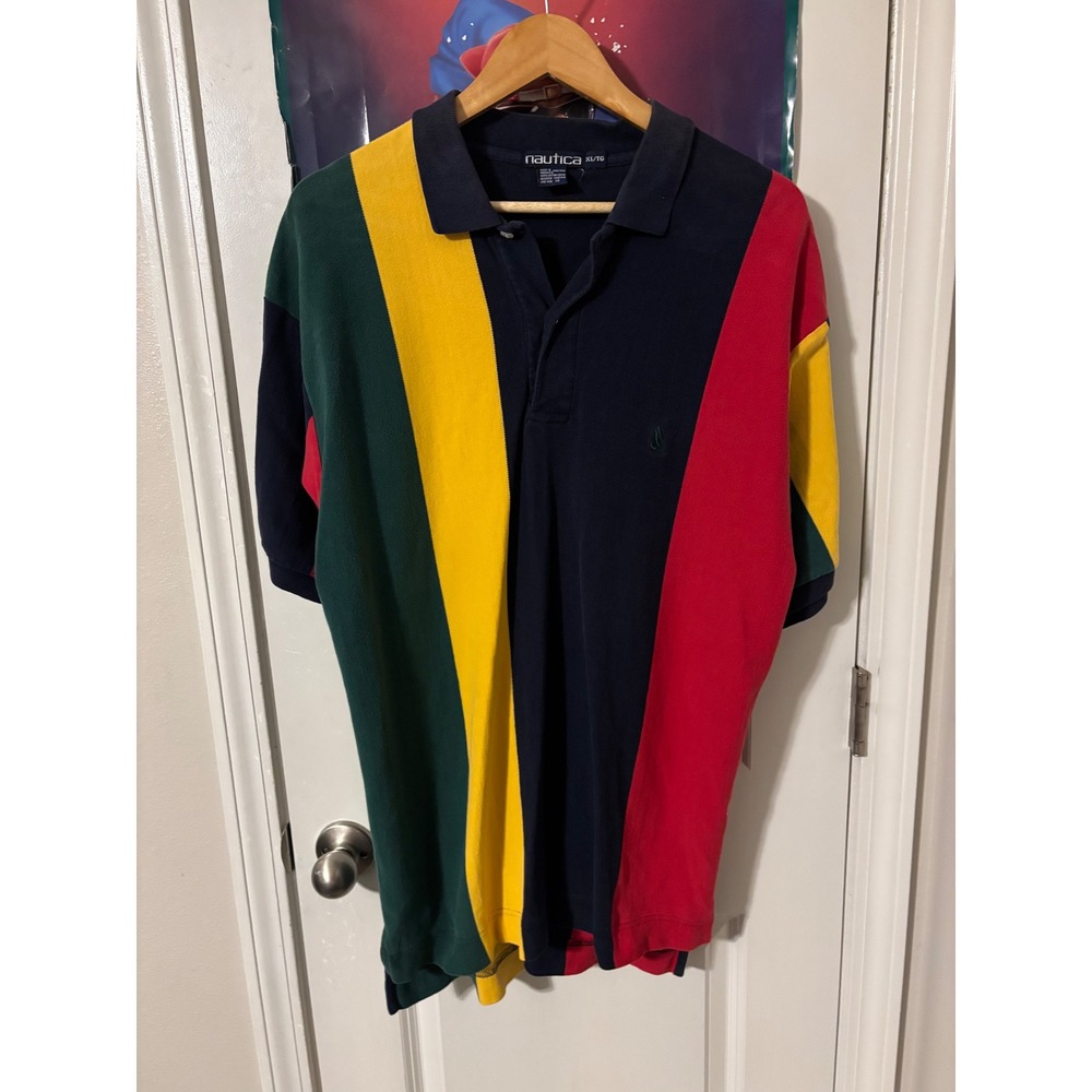 Nautica Vintage Color Block Polo Shirt Mens XL Navy Green Yellow Red 90s Retro